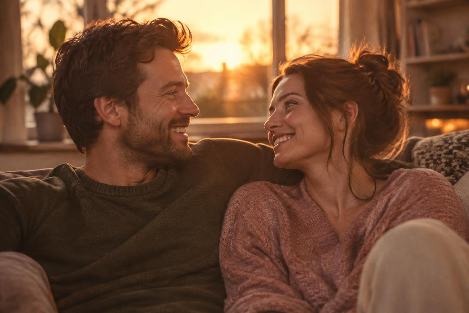A smiling couple in their early thirties, warm sunset light