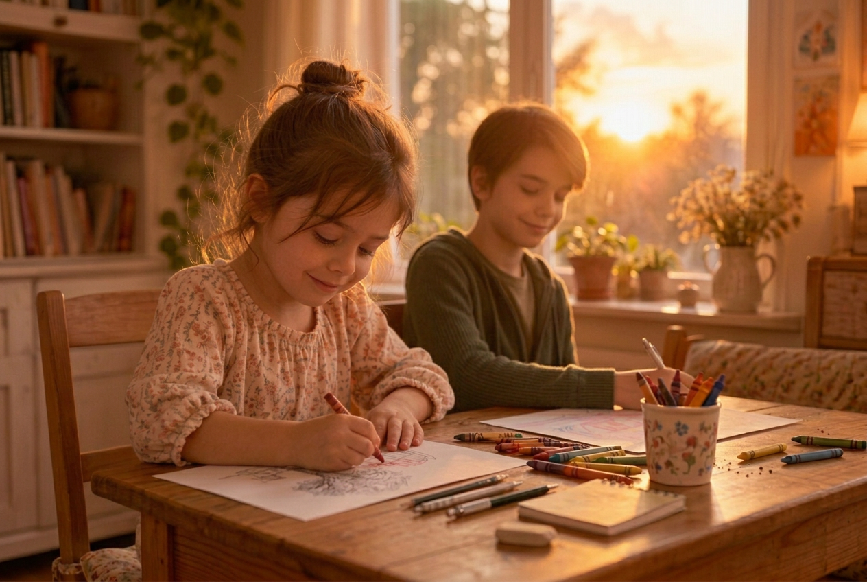 Two children drawing together in warm sunset light