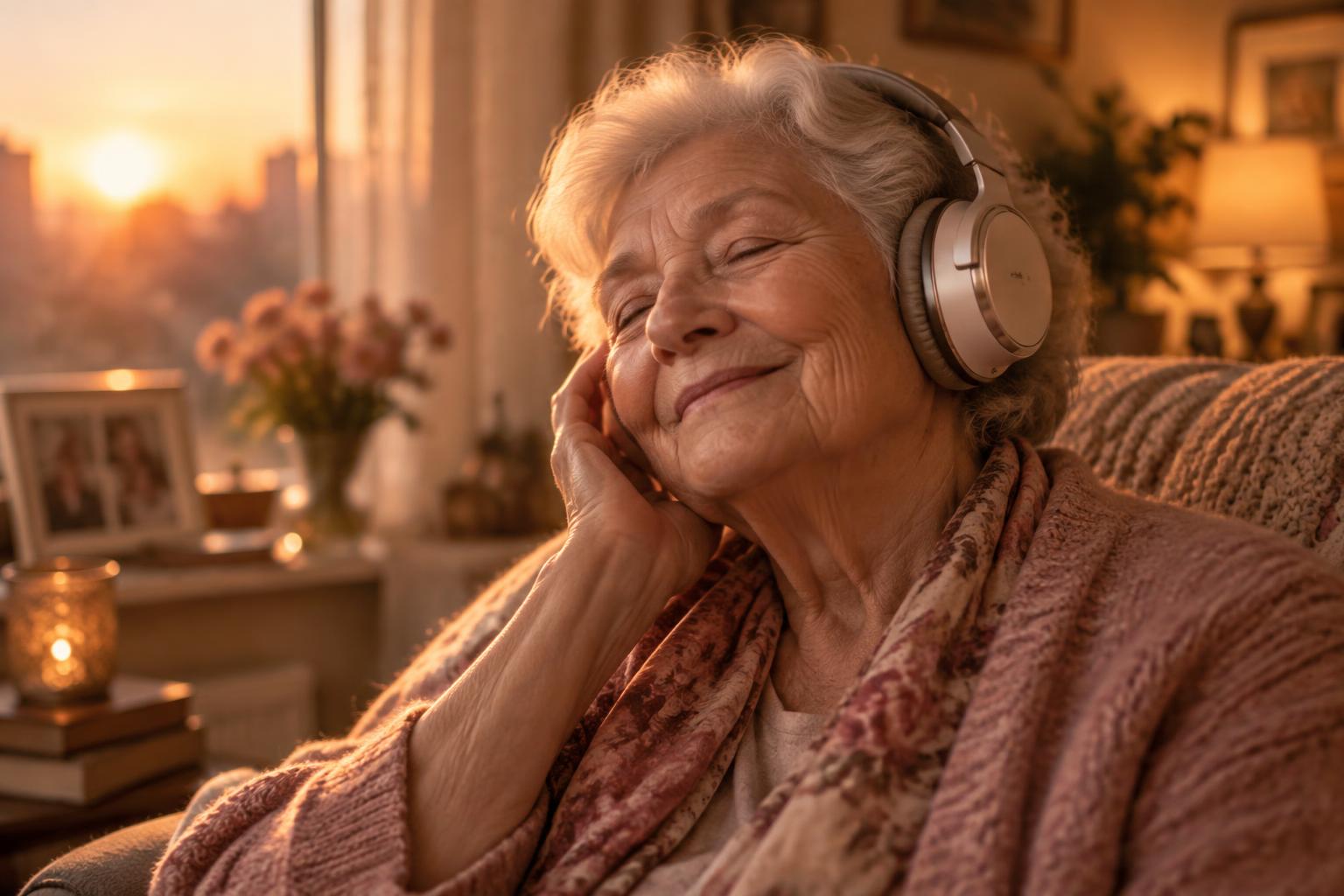 A grandmother listens to a keepsake with her eyes closed, smiling softly in warm sunset light